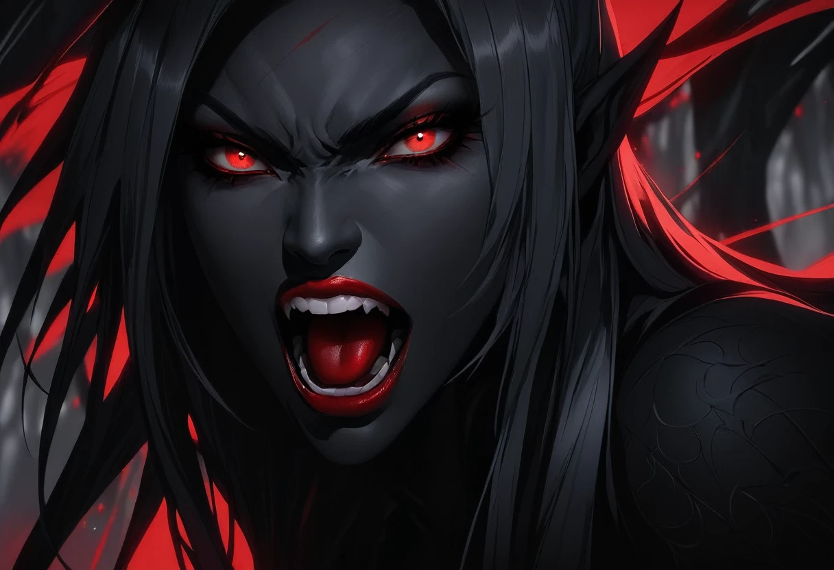 aesthetic, beautiful color, (amazing quality:1.5), drow woman, red eyes, mouth open, mouth wide open.