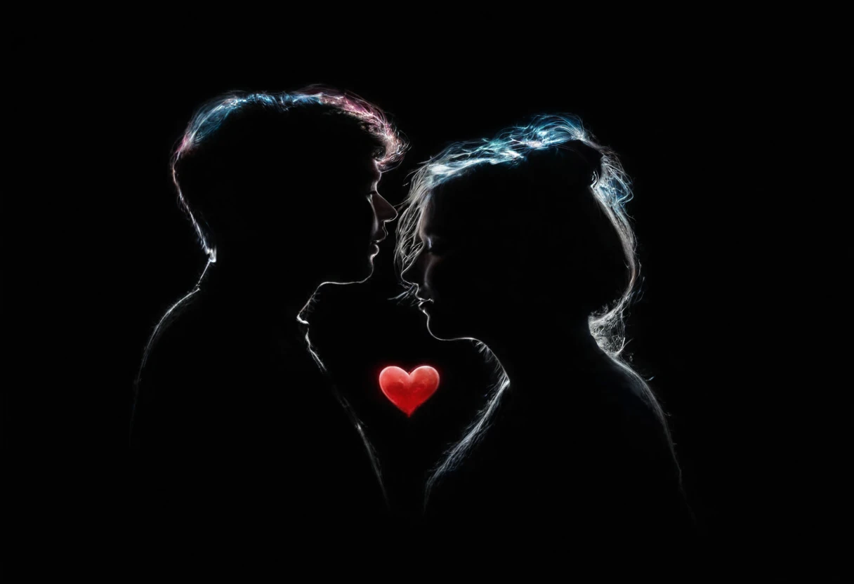 there are two people standing next to each other, double exposure of love, man and woman in love, they are in love, lovers, amazing!, romantic Couple, low-key, Couple, in love, True love, amazing, kiss, ON BLACK BACKGROUND, by Jan Rustem, by Joe Bowler, the lovers, romantic!!!