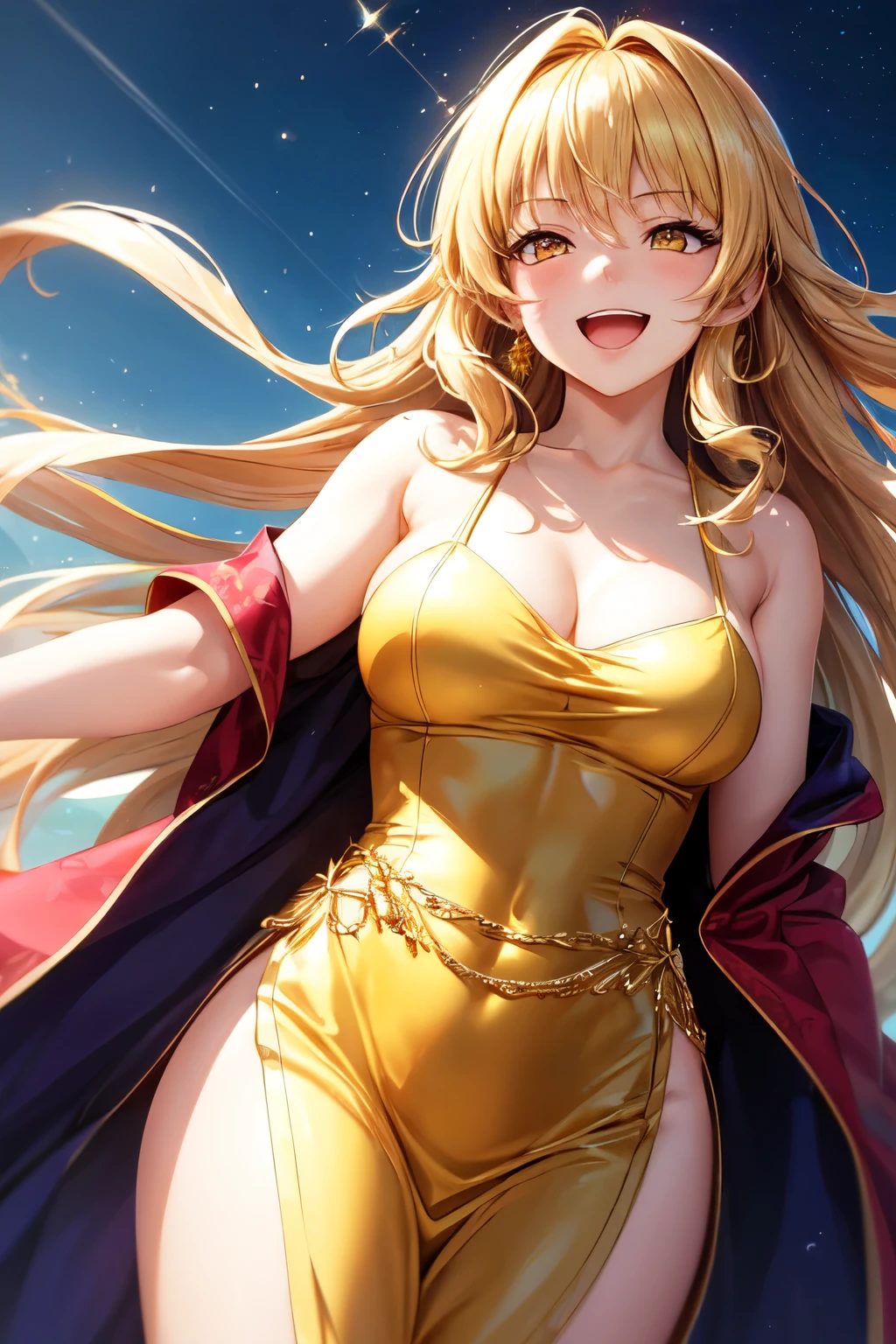 a beautiful blonde girl with flowing golden hair, yellow eyes, wearing a golden imperial dress with a deep neckline, anime style, against a bright sky background with twinkling lights, dynamic angle, arrogant laughter