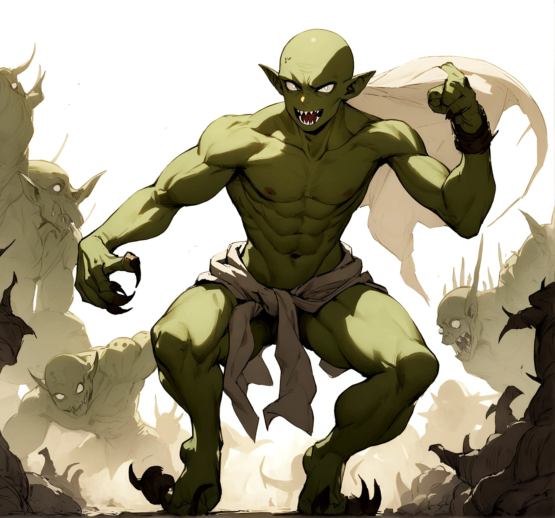 fantasy medieval goblins scary small green no armour no cloths looks savage and barbaric wearing cloth around his waist scary looking full body turn around skinny no muscles, white background sharp teeth pale white eyes no muscles nooooo muscles at all very skinny no hair bald tiny