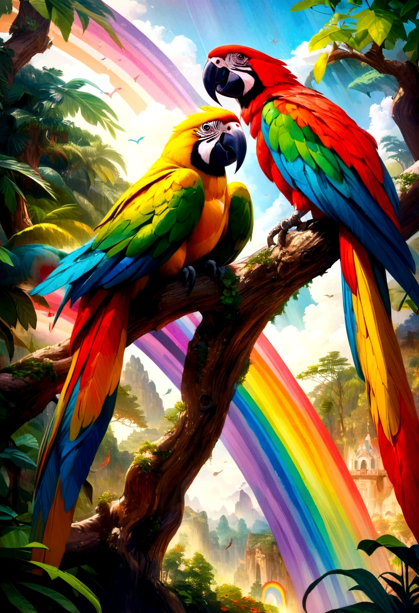 a beautiful parrot on a tree, parrot singing, vibrant feathers, SNES style painting, rainbow, colorful, detailed, intricate, bright, vivid colors, oil painting, dynamic composition, nature, lush foliage, photorealistic, highly detailed, masterpiece, 4k, best quality