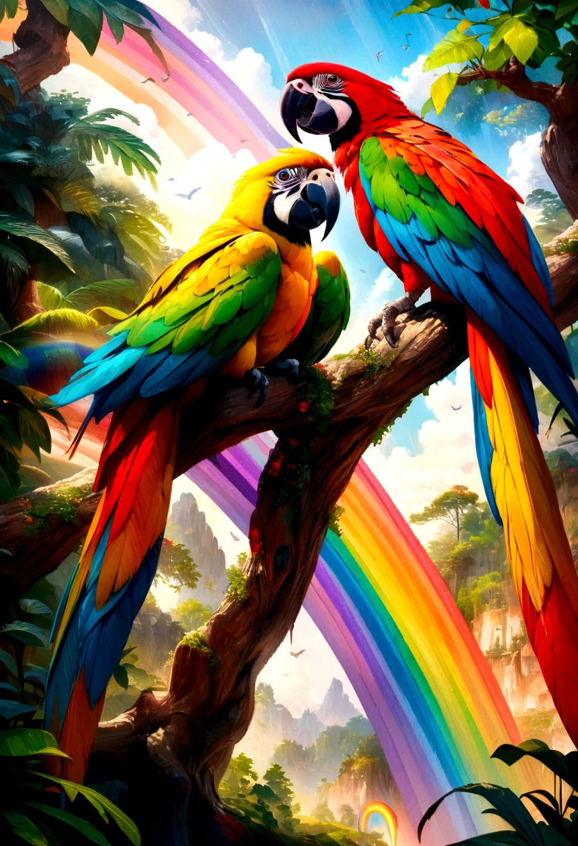 a beautiful parrot on a tree, parrot singing, vibrant feathers, SNES style painting, rainbow, colorful, detailed, intricate, bright, vivid colors, oil painting, dynamic composition, nature, lush foliage, photorealistic, highly detailed, masterpiece, 4k, best quality