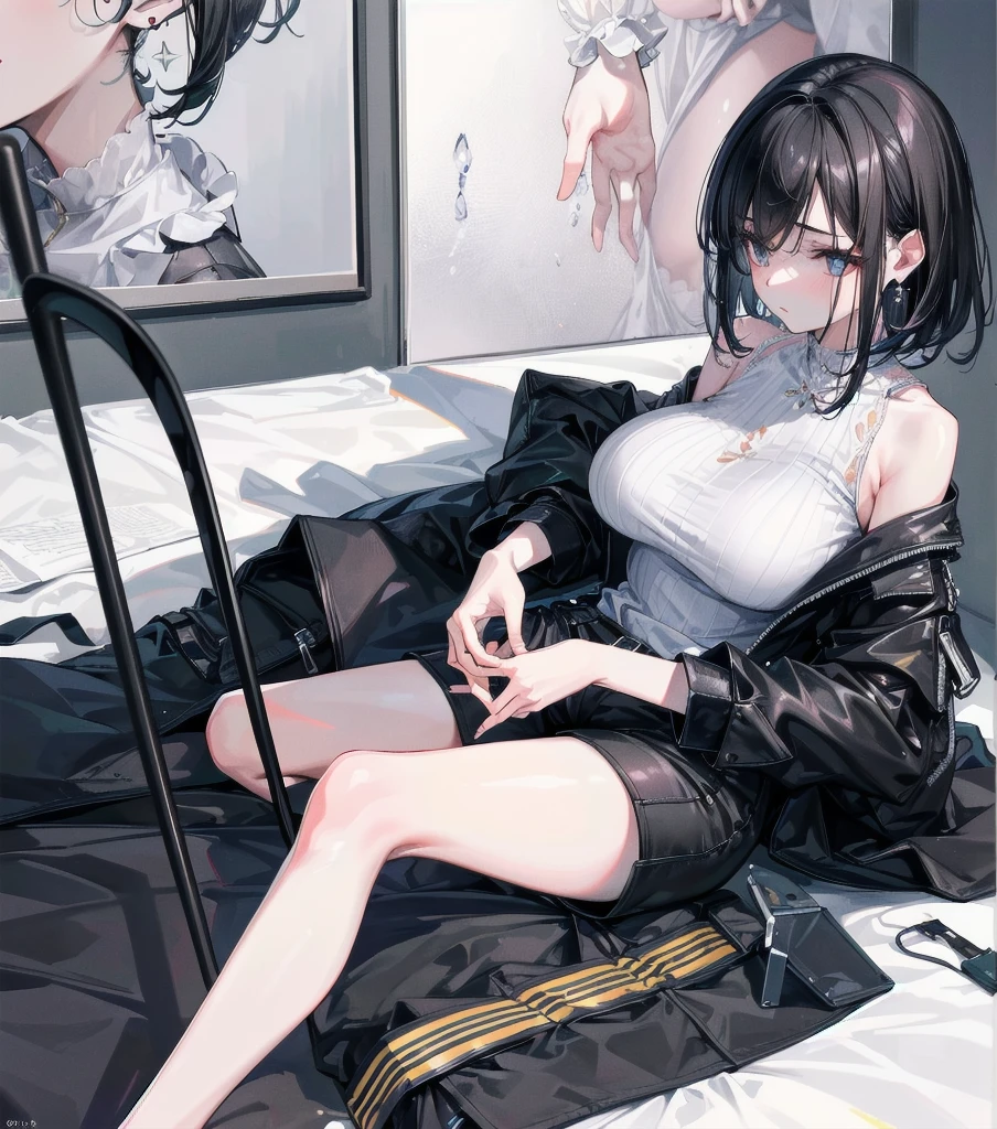 ((((absurdres, RAW photo, extremely delicate and beautiful, masterpiece, Best Quality, ultra high resolution, 32k, hyperrealistic, realistic, photorealistic, photo-realistic, ultra-detailed)))), in her 20s, very Slim body, narrow waist, very small head, very small face, delicate facial features, beautiful face, beautiful eyes, very huge round tits, medium hair, black hair, tearful mole, earring, ((full body shot)), shirt, cargo pants, sleeveless,
