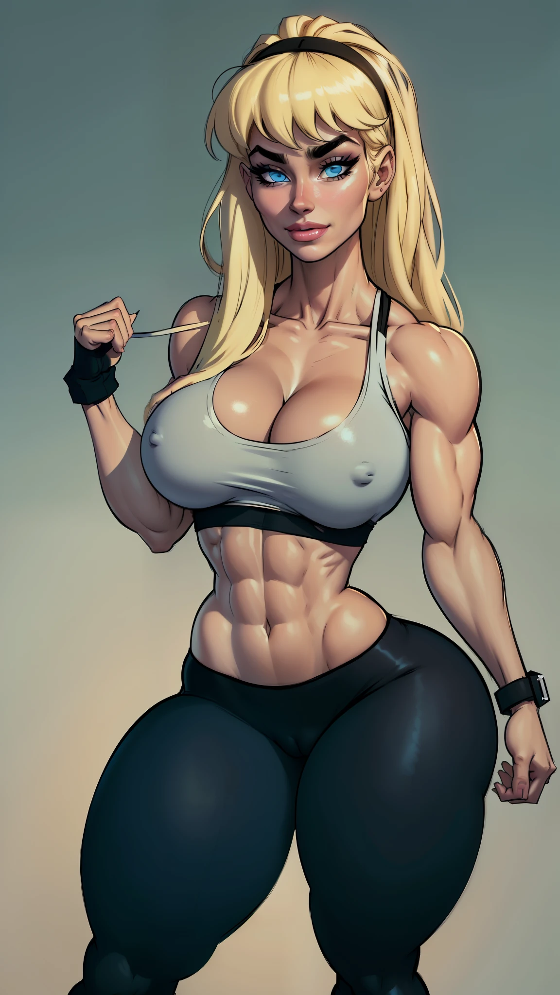 (gym), WITH YOUR BACK TO THE CAMERA,((ultra quality)), ((masterpiece)), supes, cute smile, smile, ((long blonde hair)), (Beautiful face), (beautiful female lips), charming, ((sexy facial expression)), (white skin color), (white skin), glare on the body, ((detailed beautiful female eyes)), ((blue eyes)), (juicy female lips), (dark eyeliner), (tank top, midriff, ), ( black headband))), (((leggings))), wide eyebrows, abs, slanted green eyes, makeup eyelids, big cheekbones, thin cheeks, defined jaw, (beautiful female hands), ((ideal female figure)), ideal female body, beautiful waist, gorgeous thighs, beautiful huge breasts, cleavage,((subtle and beautiful)), sexy worth
