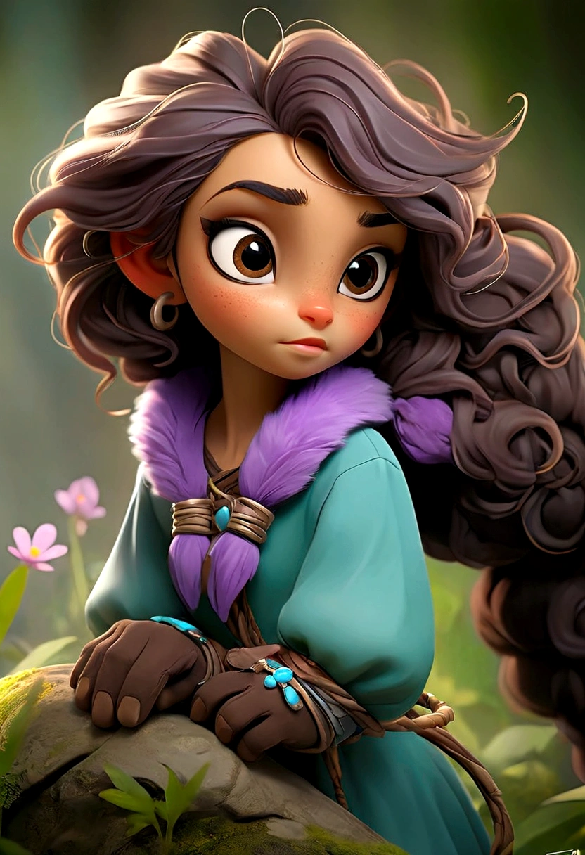 luna, a girl, and she is 157cm tall, her hair is curly and brown that fall just above her shoulders often tied up in a pony tail with a few stray strands framing her face, her eyes are big, bright, round, she has a warm golden brown complexion, her face is heart shaped whit high cheek bones and pointed chin, she often wears colorful outfits with pattern and texture that reflect her artistic personality, she is always with a pair of goggles, perched on her forehead and Zeta is a furry mammalian creature with a mix of animal like features about 2-3 feet tall, soft fluffy fur that is a mix of purple, blue and silver hues, zeta has round eyes, long floppy ears with a delicate pink interior, it has a long fluffy tail sparkling with pompom at the end zeta has a small button nose and a smattering of freckles across her cheeks, zeta has a delicate and translucent wings which allows her to fly and maneuver with grace, zeta often wears a shimmering stone that matches her mood. are in a beautiful world full of flowers and trees together.