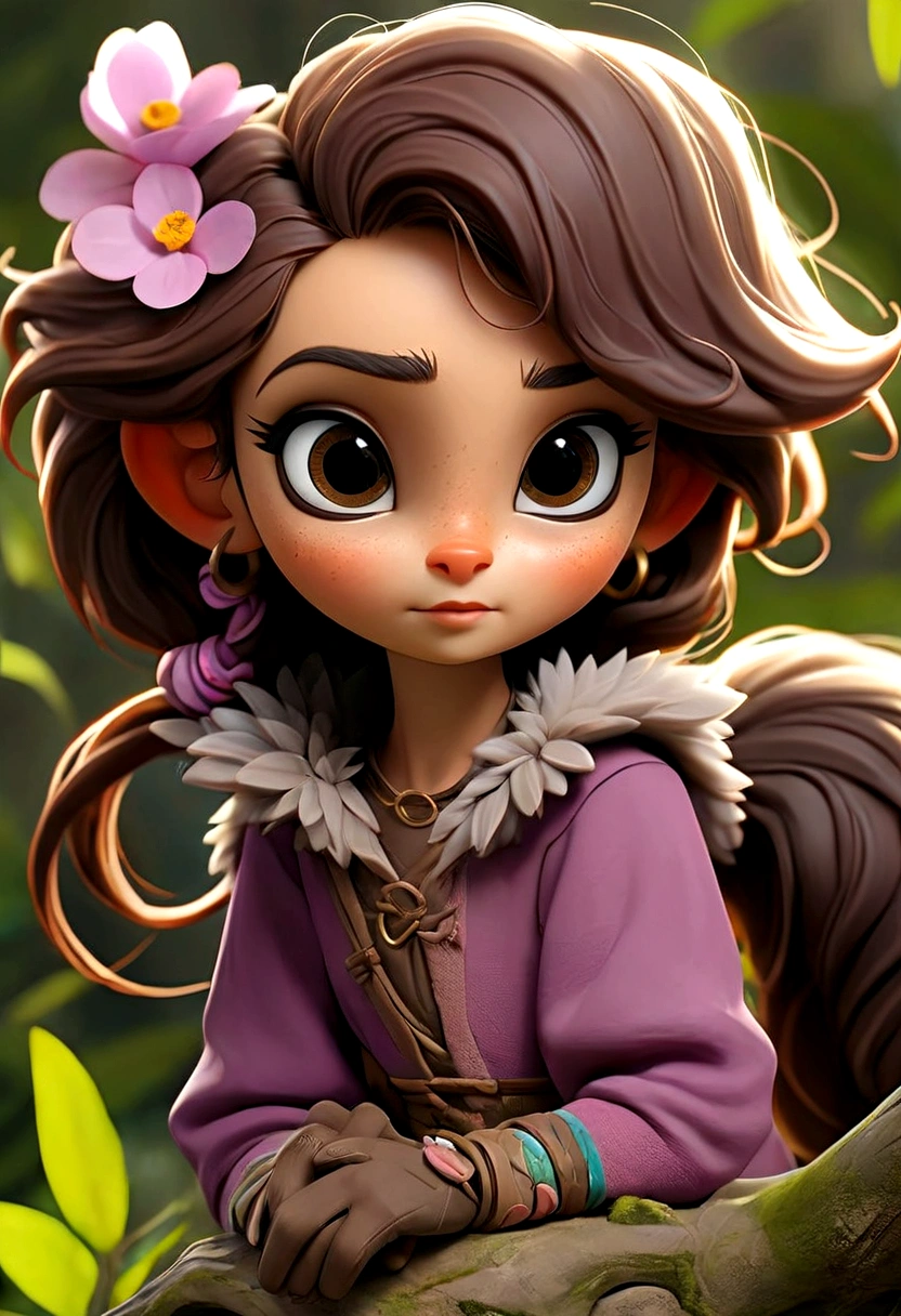 luna, a  girl, and she is 157cm tall, her hair is curly and brown that fall just above her shoulders often tied up in a pony tail with a few stray strands framing her face, her eyes are big, bright, round, she has a warm golden brown complexion, her face is heart shaped whit high cheek bones and pointed chin, she often wears colorful outfits with pattern and texture that reflect her artistic personality, she is always with a pair of goggles, perched on her forehead and Zeta is a furry mammalian creature with a mix of animal like features about 2-3 feet tall, soft fluffy fur that is a mix of purple, blue and silver hues, zeta has round eyes, long floppy ears with a delicate pink interior, it has a long fluffy tail sparkling with pompom at the end zeta has a small button nose and a smattering of freckles across her cheeks, zeta has a delicate and translucent wings which allows her to fly and maneuver with grace, zeta often wears a shimmering stone that matches her mood. are in a beautiful world full of flowers and trees together.