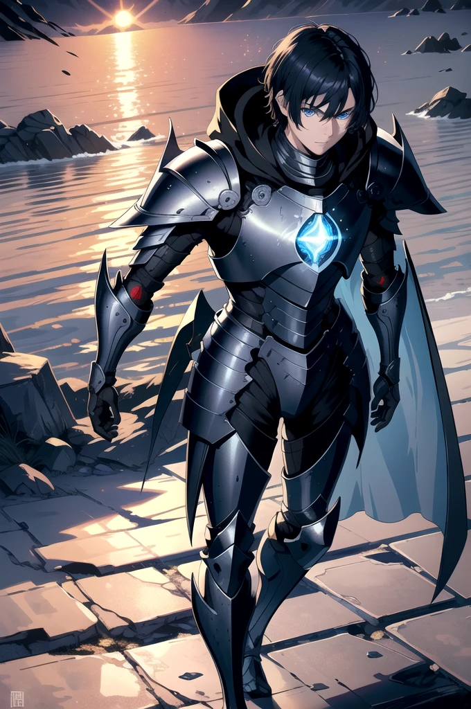 masterpiece,best quality,1male, knight, dark short hair, blue eyes, armored, standing around, flat expression, cold atmosphere, shiny armory, glow armor, glowing eyes, sun set 