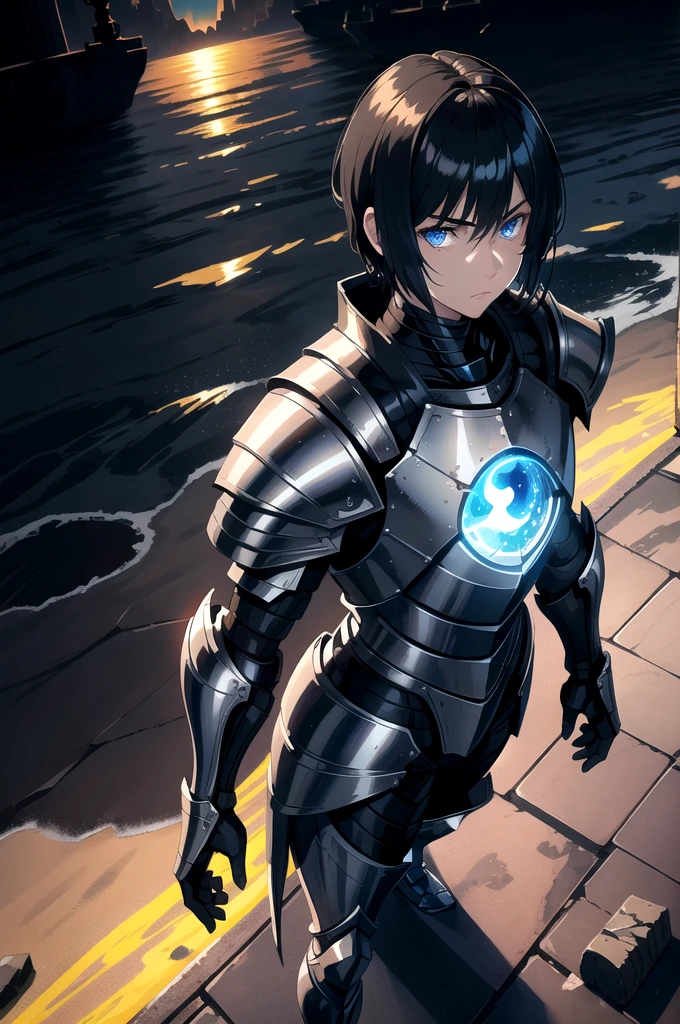 masterpiece,best quality,1male, knight, dark short hair, blue eyes, armored, standing around, flat expression, cold atmosphere, shiny armory, glow armor, glowing eyes, sun set