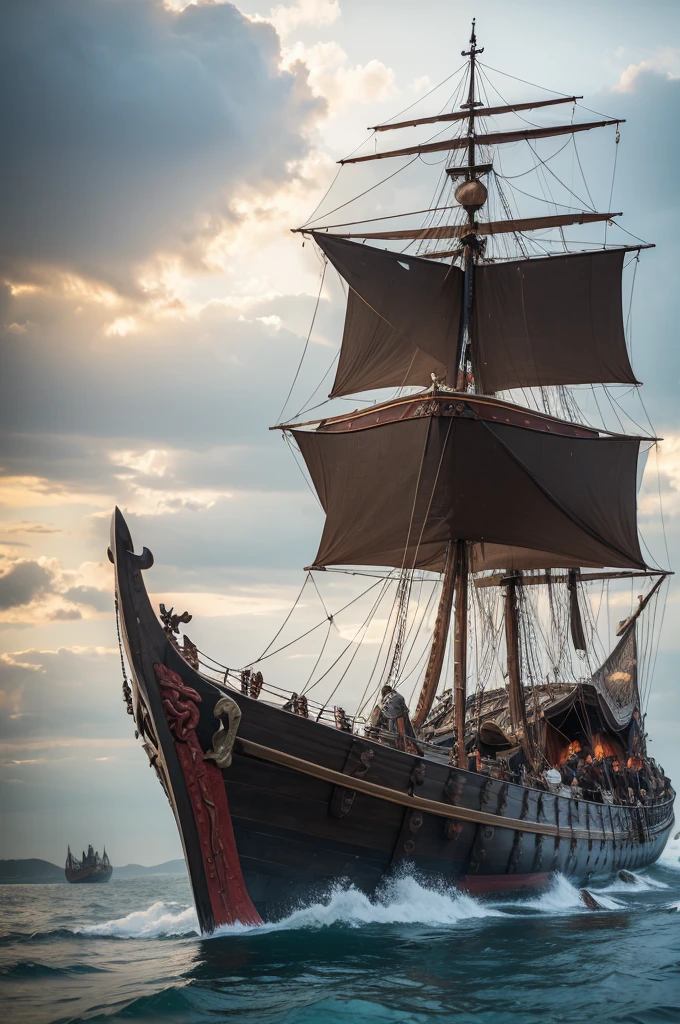 Viking ship invading Europe, with a devastated environment