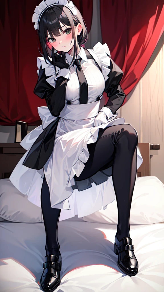 18-year-old boy，cute，Wear the maid outfit and a black work tie，Wear black pants，Wear black booties，Wear white gloves，Black hair，Black eyes，blush，sweat，porn pose
