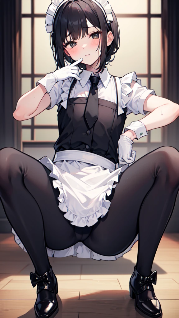 18-year-old boy,cute,Wear the maid outfit and a black work tie,Wear black pants,Wear black booties,Wear white gloves,Black hair,Black eyes,blush,sweat,porn pose