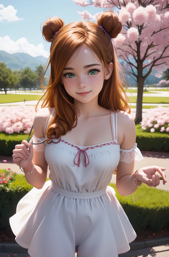 A beautiful sensual, unclad (best quality,4k,8k,highres,masterpiece:1.2),ultra-detailed,(realistic,photorealistic,photo-realistic:1.37),Illustration,Octane Render,morning park,a  walking with a teddy bear, the girl has a bun hairstyle and a smiling face, vibrant colors, soft sunlight, beautiful flowers, green grass, playful atmosphere, peaceful environment,detailed textures, vibrant colors, cute teddy bear outfit, joyful expression 8k, octane render, detailed, detailed background, 35mm, realistic, photorealistic, perfect face, cherry blossoms barrettes in hair, freckles, ((American face)), American 