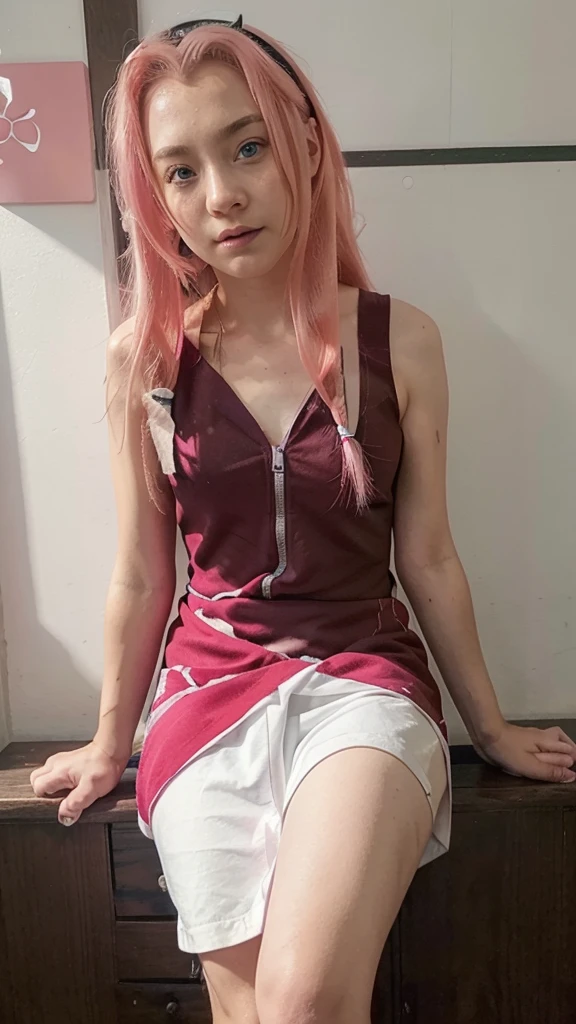 12 year old GIRL; tied hair, PINK HAIR, light green eyes; Dark red dress with thin white hem, looks like Sakura from Naruto https://pm1.aminoapps.com/6563/681ff59501d3a1ea2d2c1541a0fc3d89813f936b_00.jpg ,frontal and photo