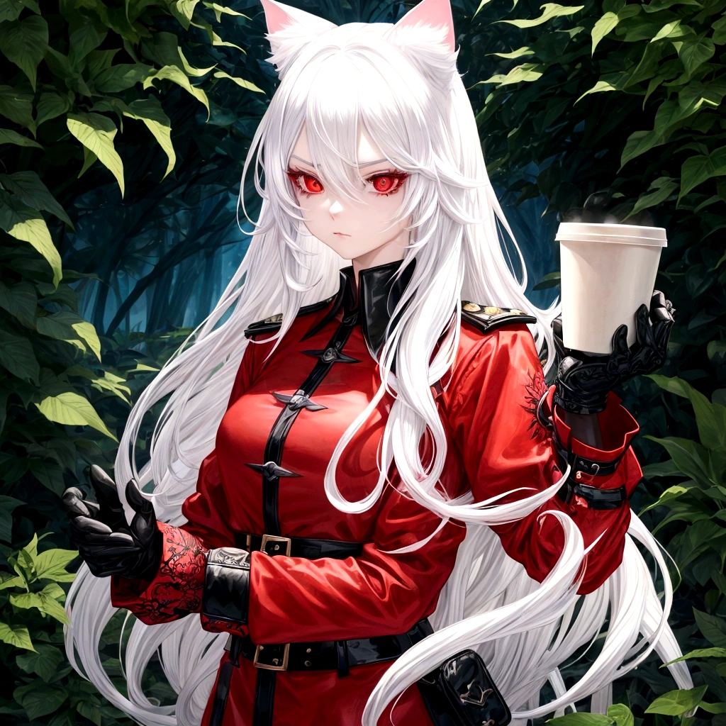 1 girl, beautiful, cool, intimidation, long hair, white hair, cat ear, red eye, black jacket, red butoned shirt, black gloves, holding a cup coffee, nature place, anime