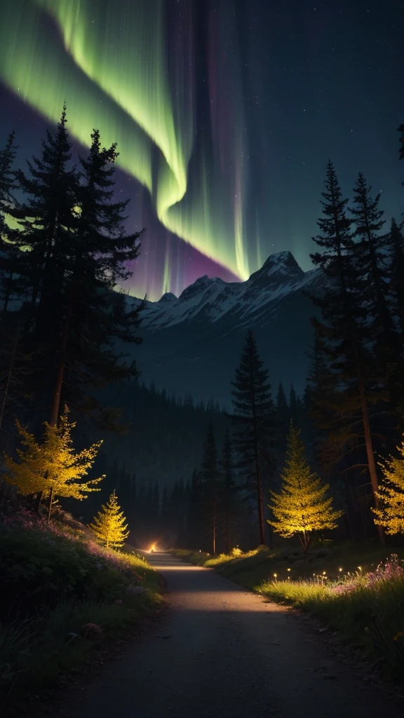 a luminescent garden, glowing flowers, luminescent trees, luminescent fireflies, northern lights sky, cinematic lighting, unreal engine, hyper detailed, 8k, masterpiece, dark fantasy, ethereal, moody, dramatic lighting, (((Landscape)))