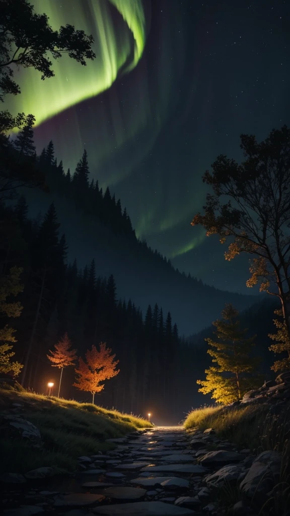 a luminescent garden, glowing flowers, luminescent trees, luminescent fireflies, northern lights sky, cinematic lighting, unreal engine, hyper detailed, 8k, masterpiece, dark fantasy, ethereal, moody, dramatic lighting, (((Landscape)))