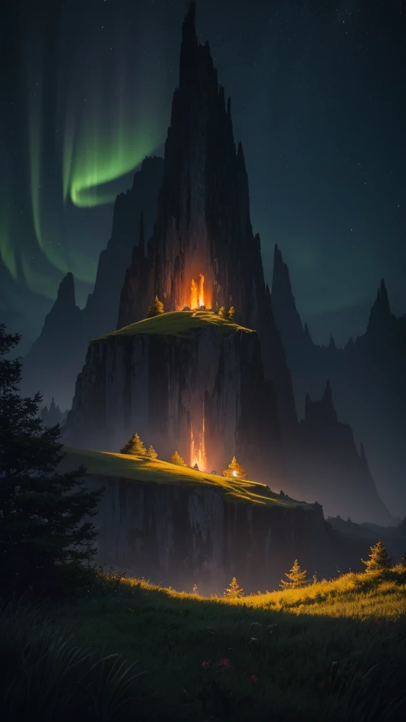a luminescent garden, glowing flowers, luminescent trees, luminescent fireflies, northern lights sky, cinematic lighting, unreal engine, hyper detailed, 8k, masterpiece, dark fantasy, ethereal, moody, dramatic lighting, (((Landscape)))