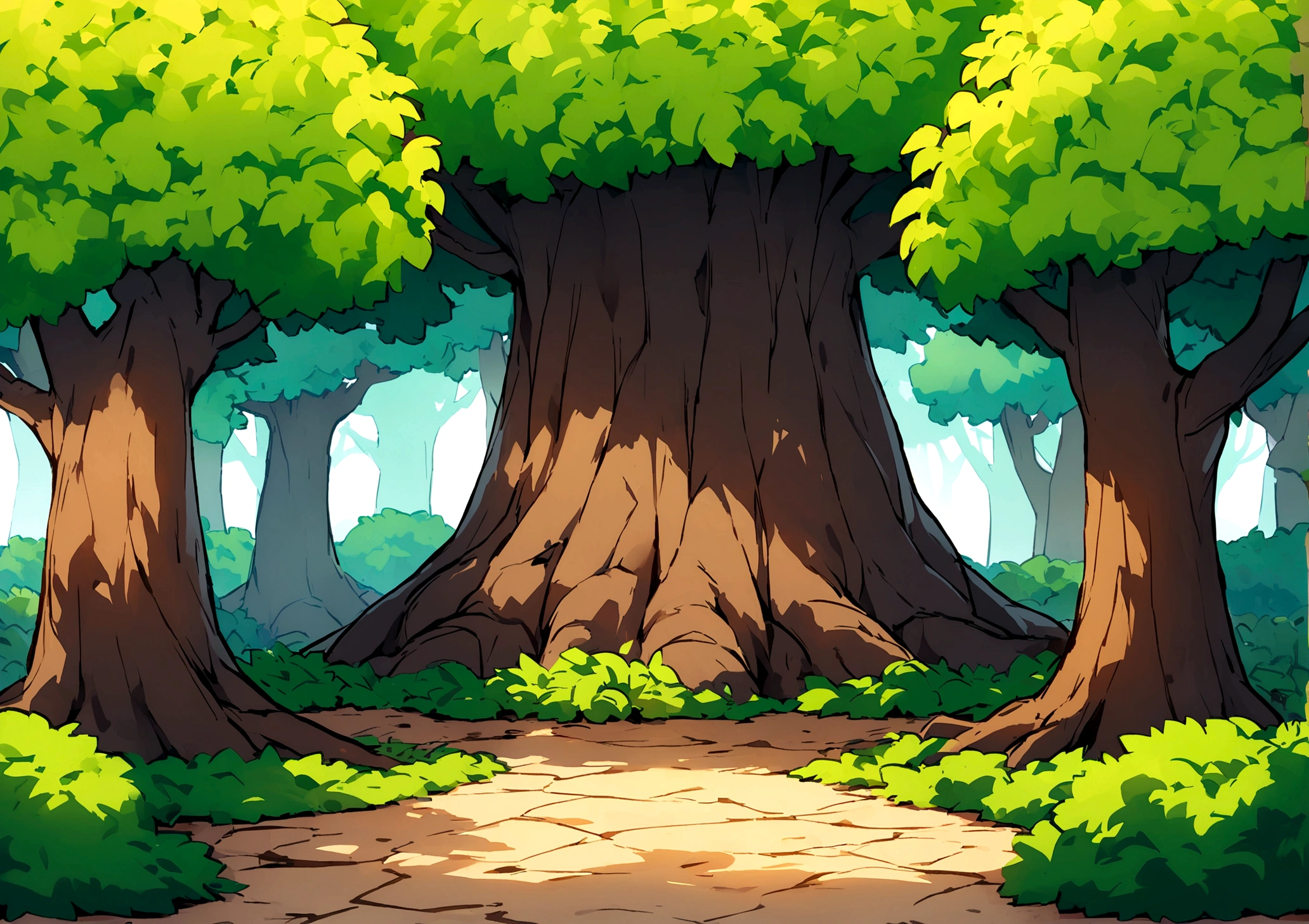 create a background for a fantasy medieval game in the center is a big tree in a forest filled with bushes and plants the front is flat ground with dirt