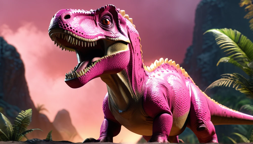 a detailed dinossauro (((cute T-REX skin-pink))), highly realistic, extremely detailed, 8k, photorealistic, cinematic lighting, volumetric fog, hyper detailed scales, intricate bone structure, armored plates, menacing expression, prehistoric environment, lush foliage, ancient ruins, dramatic shadows, warm color palette