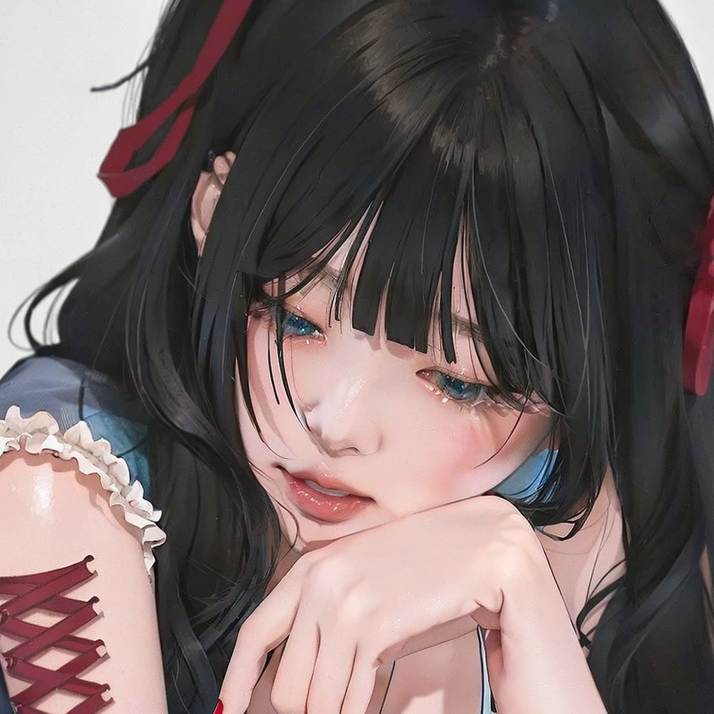 anime girl with long black and red hair wearing a blue dress, detailed portrait of anime girl, cute anime portrait, portrait of an anime girl, anime digital illustration, non-style artwork by guweiz, anime style portrait, kawaii realistic portrait, anime portrait , realistic anime art style, detailed anime digital art, anime portrait, Jennie Kim, Jennie Kim from blackpink