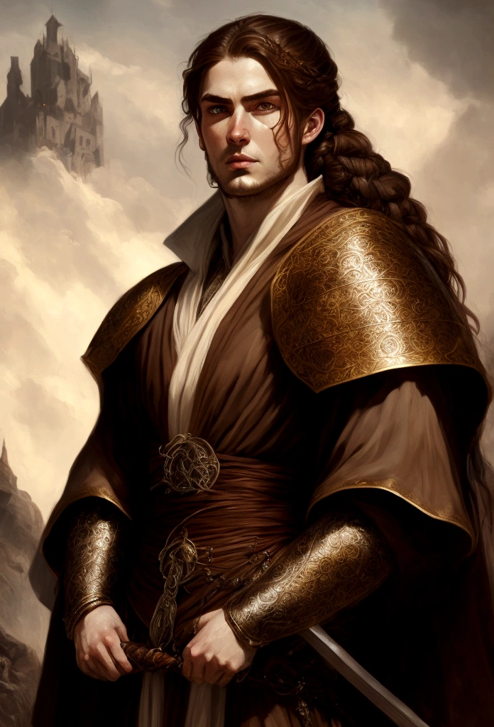 elden ring, portrait art, young man in robe, half a turn, brown hair with waist-length braid, no beard, medieval era fantasy