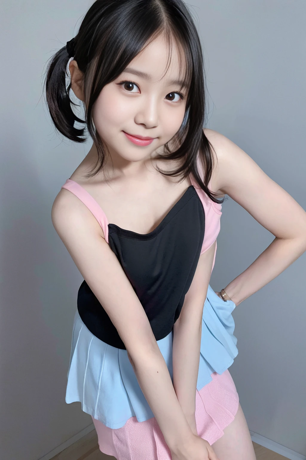 (8K),(best quality:1.5),(high resolution:1.5), model, idol, (Head to knee photo), (standing), (infantile build), ((1girl, )), (black hair), ((pink camisole)), ((light blue mini skirt)), (smile)