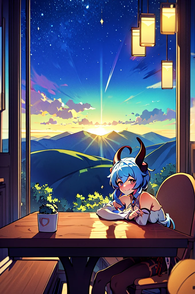 Very detailed,Pieces fly, Highest quality, Anime Images, Anime style etc.., Hired \(Genshin Impact\), Sit at the table, View from above, smile, 1 Girl, Twin Horn, ticker,Fits your body type, I can see the pussy , blush, Colorful pastel fantasy,Sexy pose,Very detailed background,Nice views,Beautiful and beautiful scenery,（（Very detailed landscape））,Incredibly high quality,Night Sky