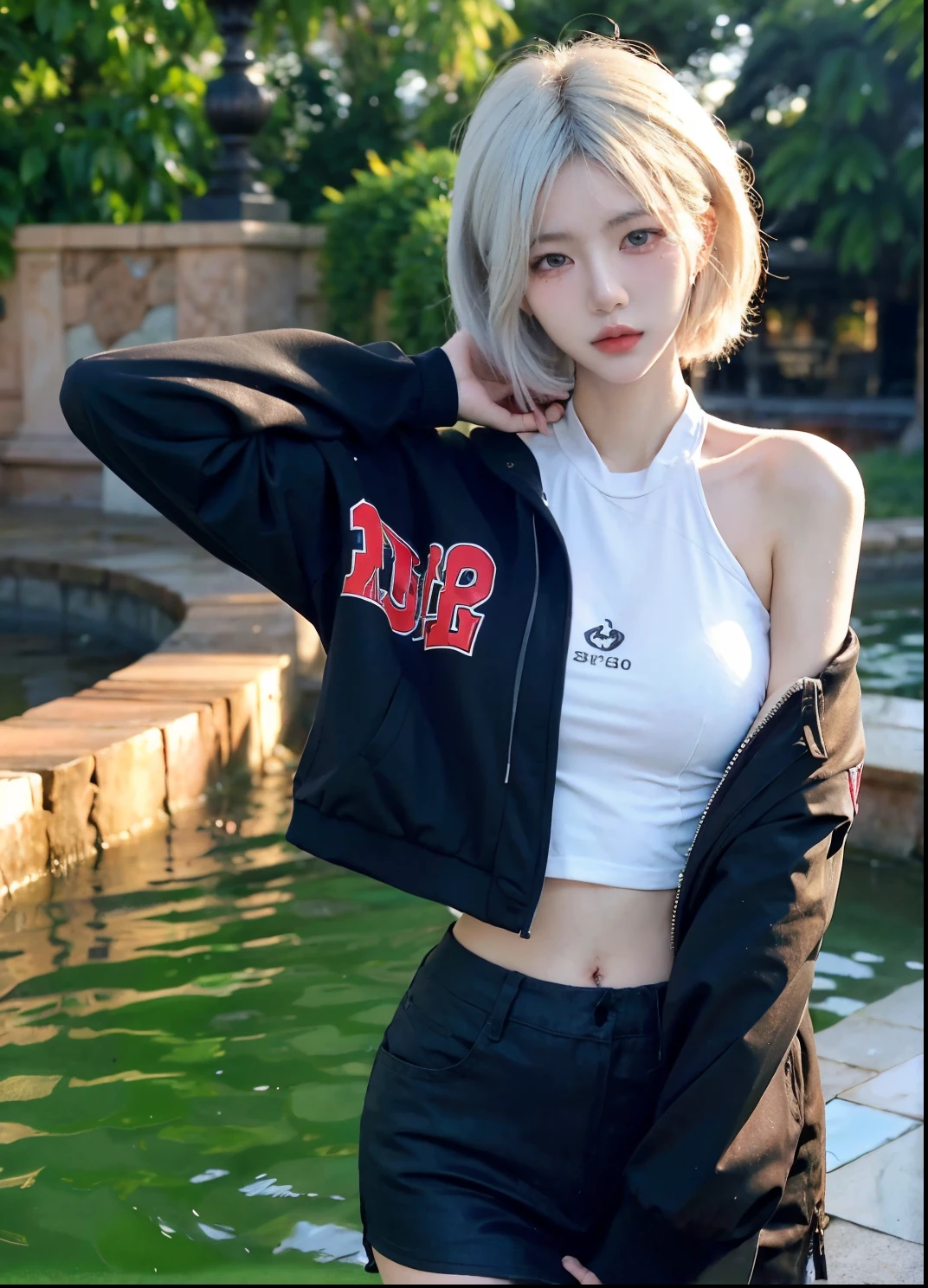 Beautiful woman with perfect figure:1.4,Ultra-high resolution,Put your hands behind your back,Swimming background,(Realism:1.4),perspective,Layered hairstyle,Snow white skin,JK:1.5,Super short pleated skirt,whole body:1.4,Very delicate and skin texture,Double eyelids,Skin Whitening,Long hair,White hair