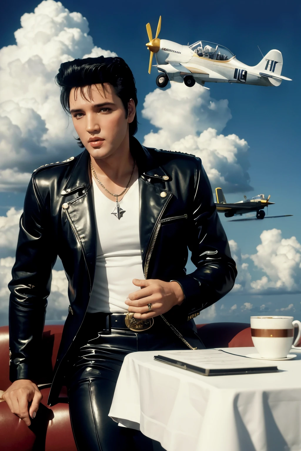 an image of elvis presley playing the piano, with elvis next to him a cup of coffee, on top of a cloud behind, It has 12 small planes with the flag of the United States and behind it also music albums such as follow that dream by Elvis, o livro led zeppelin e o album de preludio no 1 bach