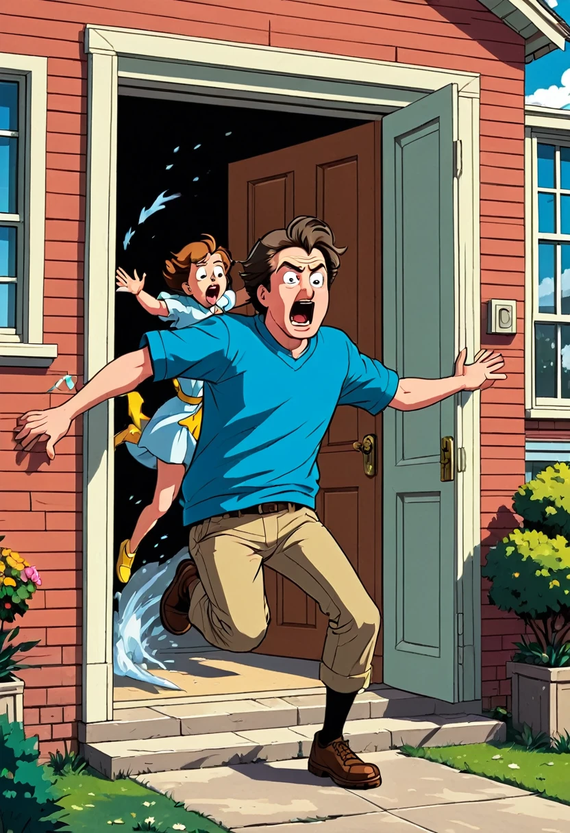 Create a cartoon image , depicting a adult man person being thrown out of a house. The scene should be exaggerated and humorous, with the person mid-air, arms and legs flailing, and an expression of surprise or shock on their face. The house should have a classic suburban look, and the door should be wide open, possibly with a silhouette of another character inside, showing they are the one who threw the person out. Ensure the background and characters have the vibrant, colorful.