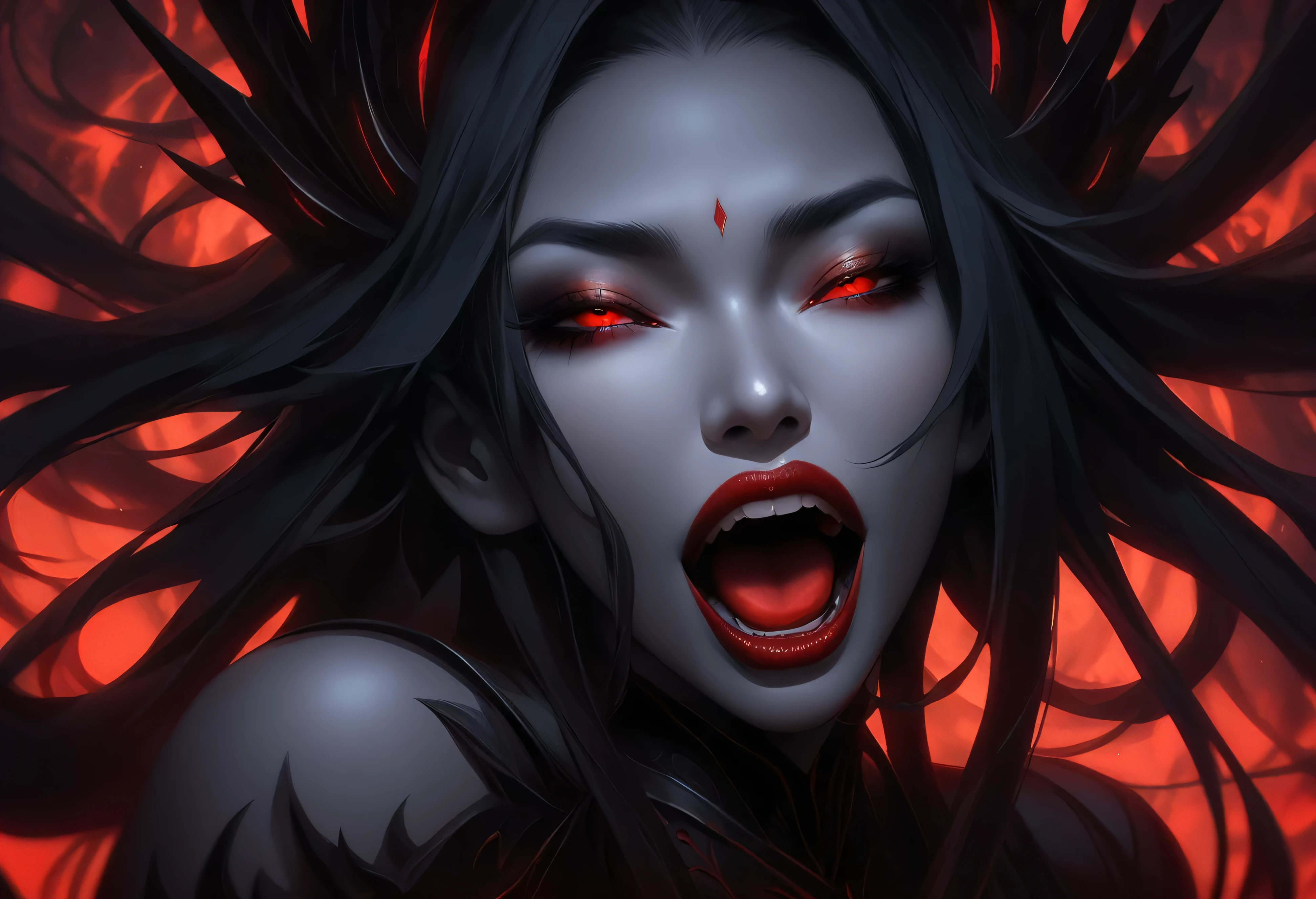 aesthetic, beautiful color, (amazing quality:1.5), drow woman, red eyes, mouth open, mouth wide open, eyes closed.