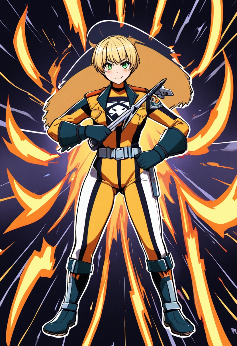 Thunder backdrop, thunder ranger, loli face, small breast, tight suit, speedy thunder, alien weapons , yellow hair