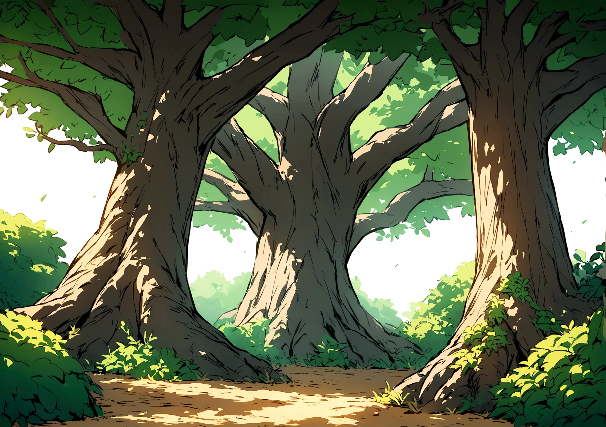 create a background for a fantasy medieval setting in the center is a big tree in a forest filled with bushes and plants the front is flat ground with dirt make the tree high detail