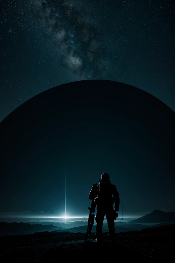 Alien planet, exotic landscape. Dark atmosphere military space vibes. Silhouette of a sniper against the night sky.