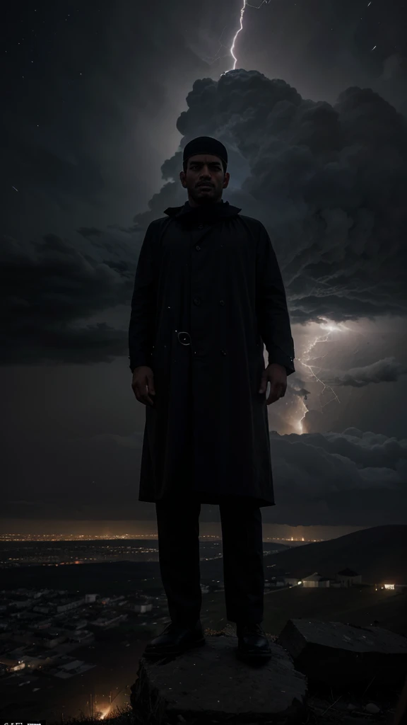 a Muslim man on a high hill who was watching a huge meteor shower that lit up the night sky, with amazing and scary light effects around it. Against the backdrop of black clouds accompanied by terrifying, dramatic lightning