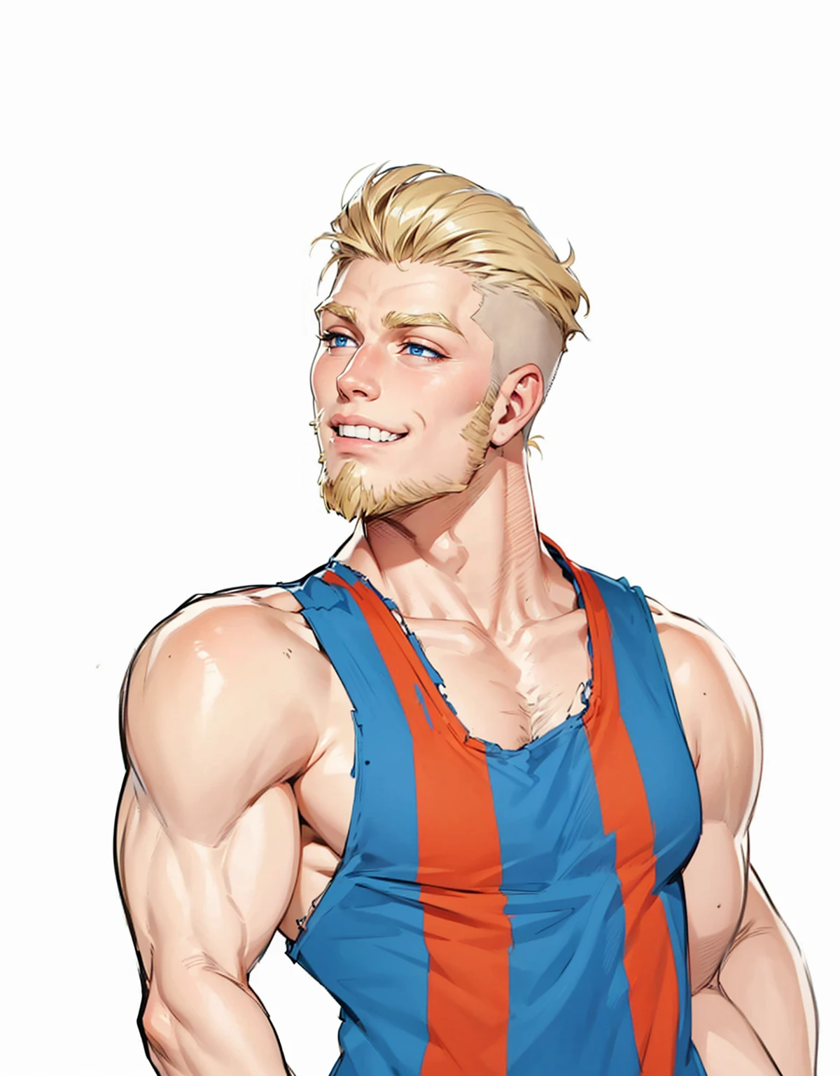 19 year old boy very handsome beautiful face blue eyes messy blonde hair shaved on the sides visible muscles thin beard and sparse sideburns looking to the side with a mischievous smile  