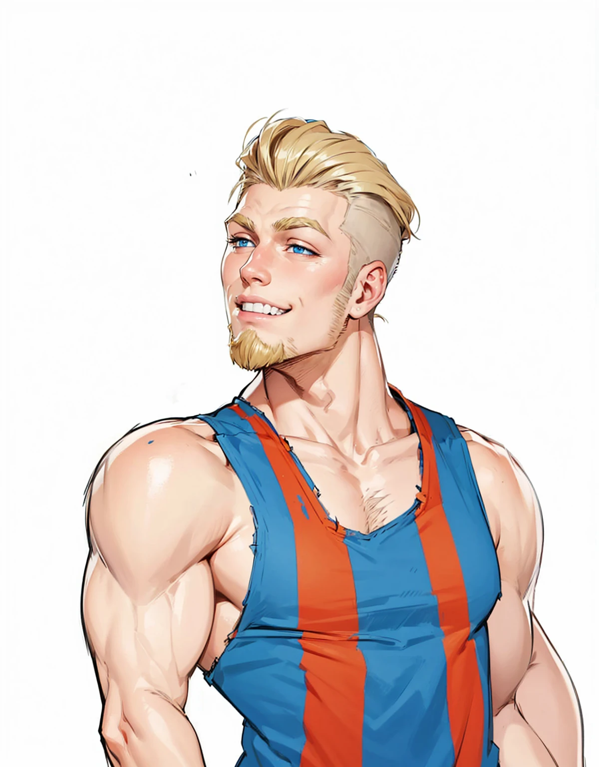 19 year old boy very handsome beautiful face blue eyes messy blonde hair shaved on the sides visible muscles thin beard and sparse sideburns looking to the side with a mischievous smile  