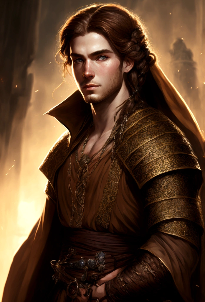 rpg, portrait art, young man in robe, half a turn, brown hair with waist-length braid, no beard, medieval era fantasy