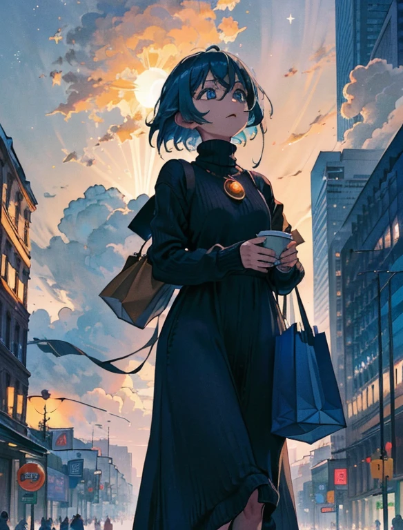 Cinematic lighting、16k picture quality、highlydetailed skin,(1girl in, Solo:1.2)、Best Quality,cyberpunked,(1beautiful woman、Detailed beautiful facial features hair、short cut blue hair、blue eyess:1.3)Rosary Necklace、
1girl in, short braided ha looking down:1.2)
BREAK Chunky Knit Sweater Dress Warm Knee Length Sweater Dress,
Colors such as navy and gray,
Comfortable to wear with thick knit fabric,
damage jeans、Pair with boots for a chic style, and a compact bag、Short cut hair BREAK、hand holding starbucks coffee、Winter City、(A well-sunny morning、Flowing clouds、suns:1.2)、Christmas Season、In front of a shopping mall with shining illuminations、(A huge Christmas tree stands tall:1.3)Moody lighting、(Looking up from below angle)