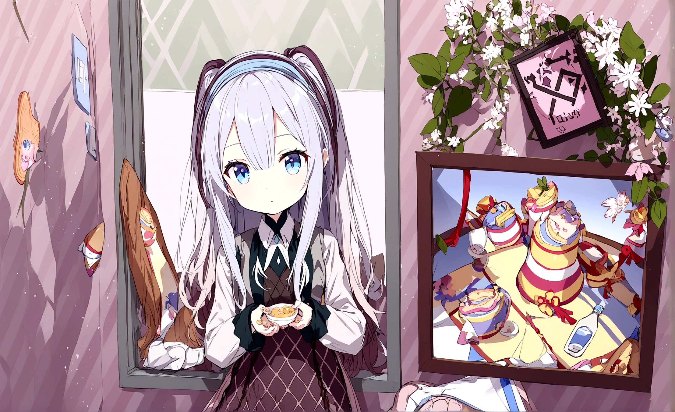 A girl with long white hair, blue eyes, wearing a sitting next to the window in the classroom