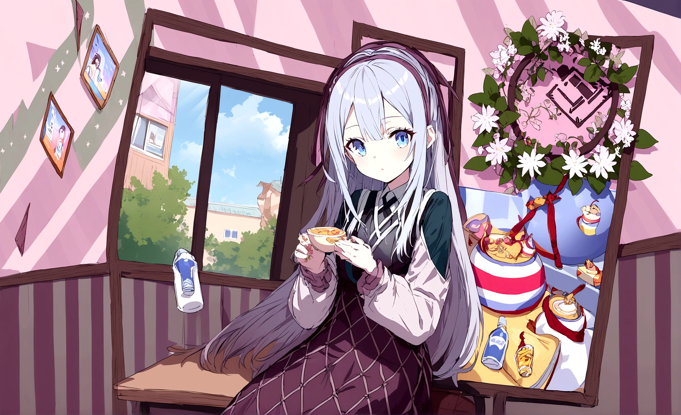 A girl with long white hair, blue eyes, wearing a  sitting next to the window in the classroom