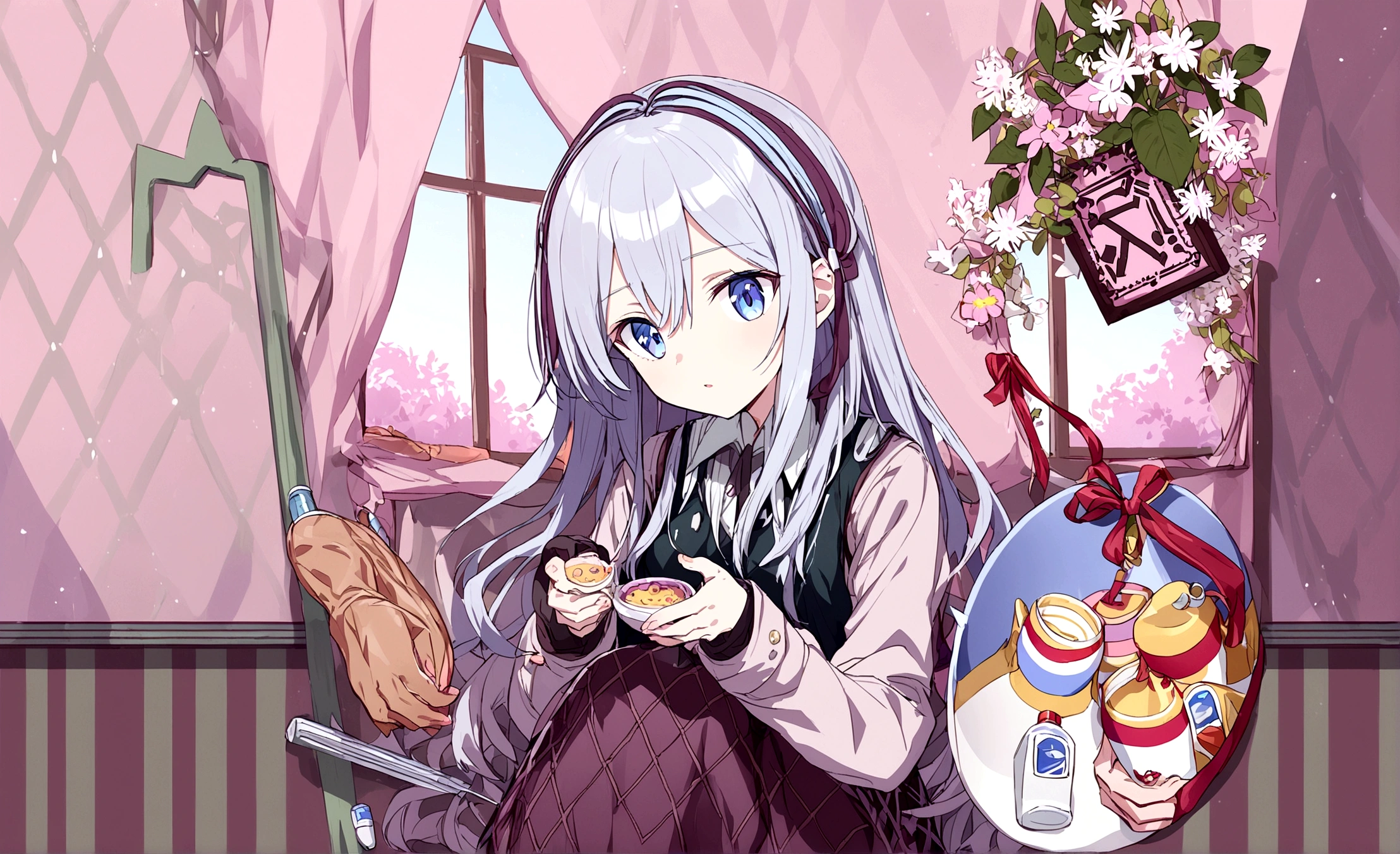 A girl with long white hair, blue eyes, wearing a sitting next to the window in the classroom