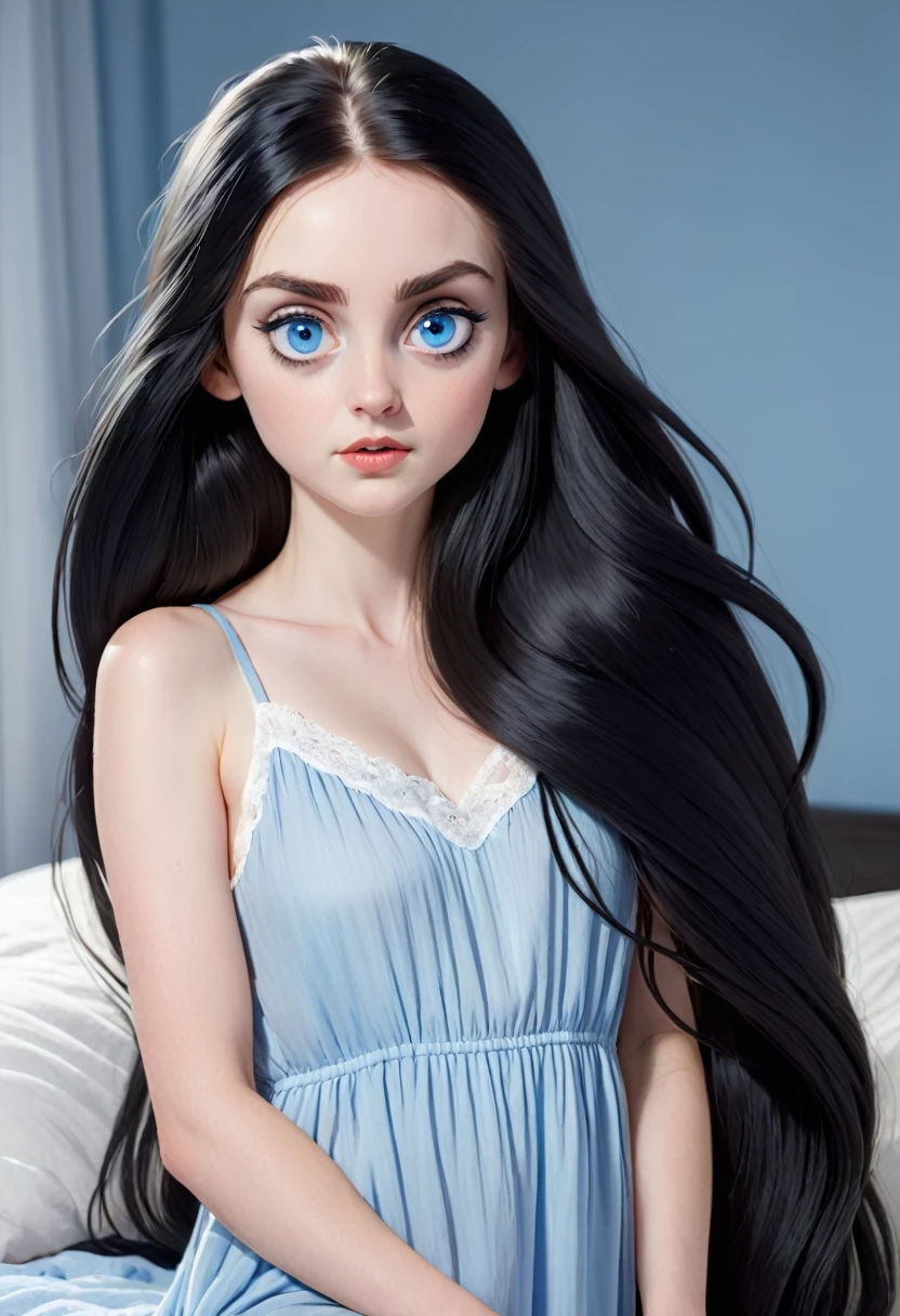 A young white woman with big blue eyes and long black hair, wearing a nightgown and combing her hair