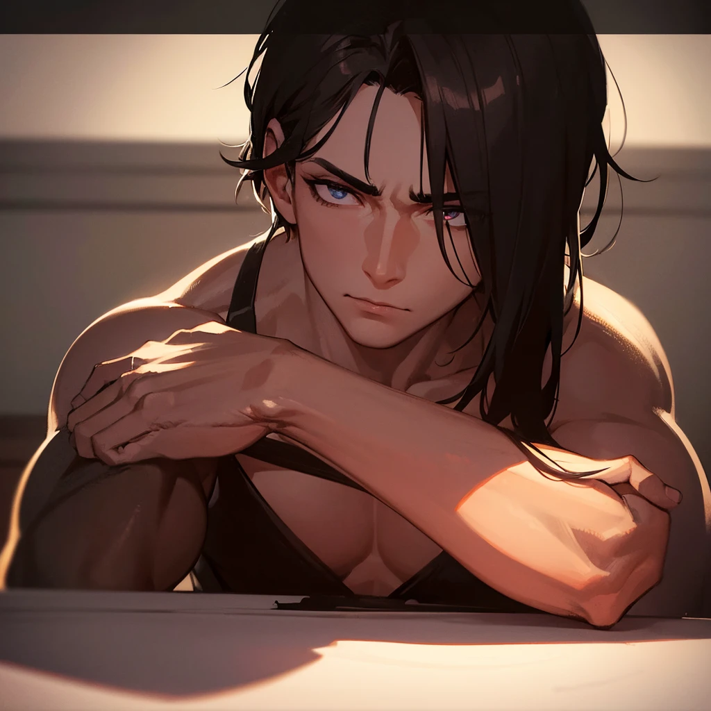 a hot man, detailed portrait, sensual expression, muscular body, chiseled features, intense gaze, glowing skin, dramatic lighting, high-contrast shadows, rich colors, glossy finish, photorealistic, 8k, masterpiece, highly detailed, cinematic composition, On a plate to eat with food, I wanted him to be part of the food.