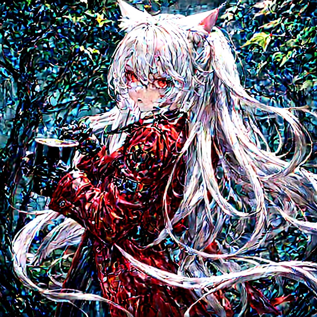 1 girl, beautiful, cool, intimidation, long hair, white hair, cat ear, red eye, black jacket, red butoned shirt, black gloves, holding a cup coffee, nature place, anime