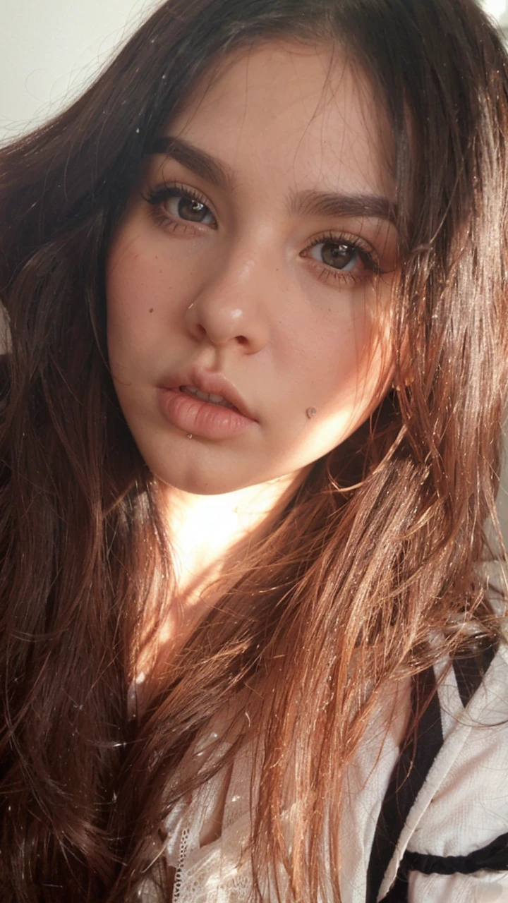 A Blythe doll with white skin, long black hair with bangs, Brown eyes, black eyebrows, with a vertical labret lip piercing