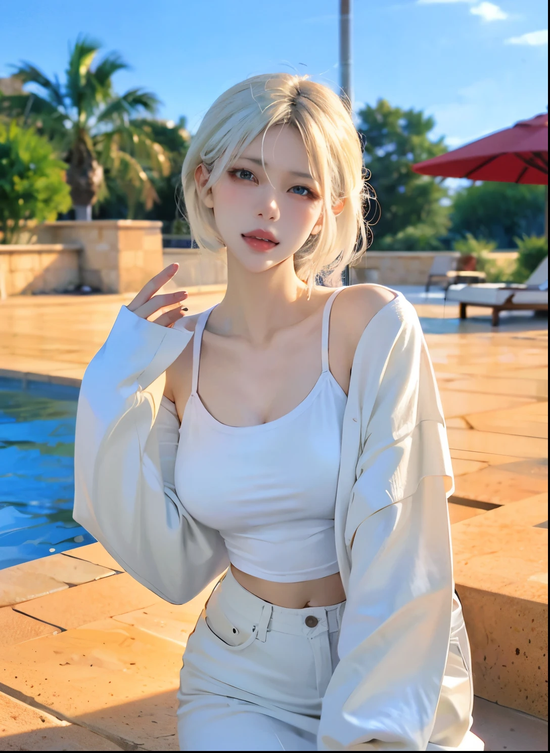 Beautiful woman with perfect figure:1.4,Swimming background,Desert Background,Ultra-high resolution,Seductive laughter,wear glasses,(lifelike:1.4),Layered Hairstyle,White皮肤,Super short pleated skirt,whole body,Very delicate face and skin texture,Double eyelids,Skin Whitening,Long hair,White hair,White,