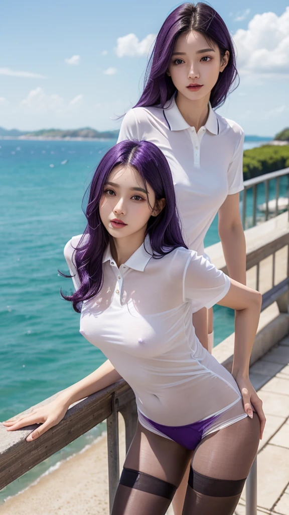A thin, see-through polo shirt、Reduce milk、Sheer nipples、pantyhose/stockings、Sheer, thin underwear、Half-undressing underwear、Leaning forward、、Purple Hair、Ocean