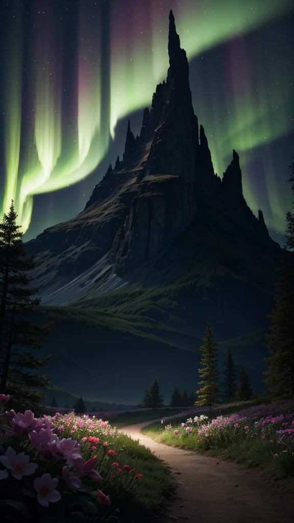 a luminescent garden, glowing flowers, luminescent trees, luminescent fireflies, northern lights sky, cinematic lighting, unreal engine, hyper detailed, 8k, masterpiece, dark fantasy, ethereal, moody, dramatic lighting, (((Landscape)))