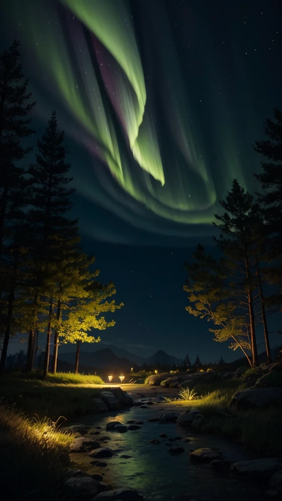 a luminescent garden, glowing flowers, luminescent trees, luminescent fireflies, northern lights sky, cinematic lighting, unreal engine, hyper detailed, 8k, masterpiece, dark fantasy, ethereal, moody, dramatic lighting, (((Landscape)))